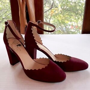 Marc Fisher Suede Pumps Shoes Burgundy Heel Ankle Strap Scalloped Women's Sz 10